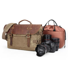 Canvas Leather Mens 14‘’ CANON CAMERA Messenger Bag NIKON CAMERA Side BAG DSLR CAMERA BAG - imessengerbags