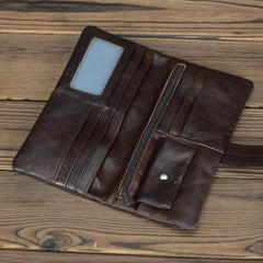 Black Leather Men's Bifold Long Wallet with Coin Pocket Billfold Wallet Card Wallet For Men - imessengerbags