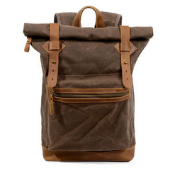 Green Waxed Canvas Leather Mens Cool Backpack Canvas Travel Backpack Canvas School Backpack for Men - imessengerbags