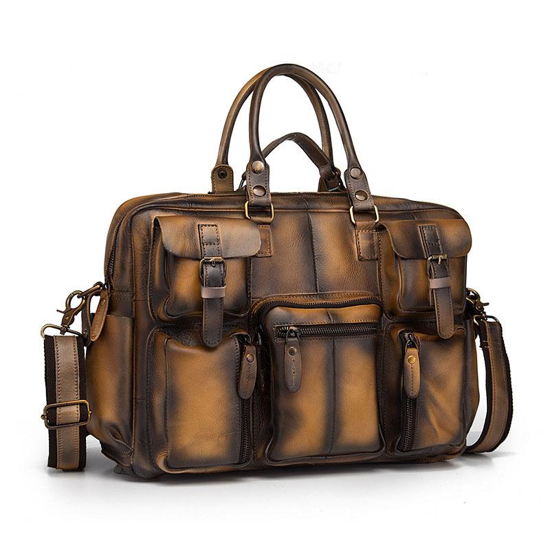 Cool Leather Men Vintage Briefcase 14inch Work Bags Handbag Shoulder Bags For Men - imessengerbags