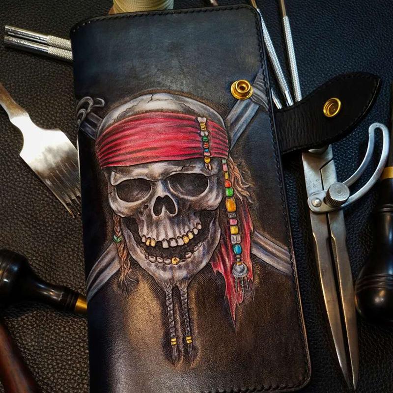 Badass Leather Men's Pirate Skull Long Biker Wallet Handmade