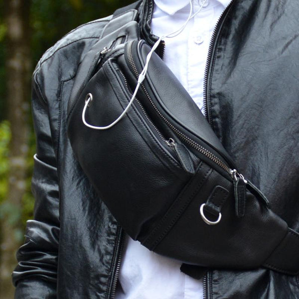 Mens Black Leather Fanny Pack Men Leather Belt Bag