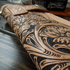 Handmade Leather Biker Wallet Tooled Floral Mens Cool Chain Wallet Trucker Wallet with Chain - imessengerbags