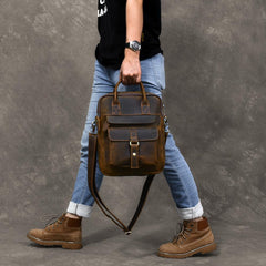 Vintage Leather Mens 10'' Vertical Brown Briefcase Handbag Bag Shoulder Bag Side Bag For Men - imessengerbags