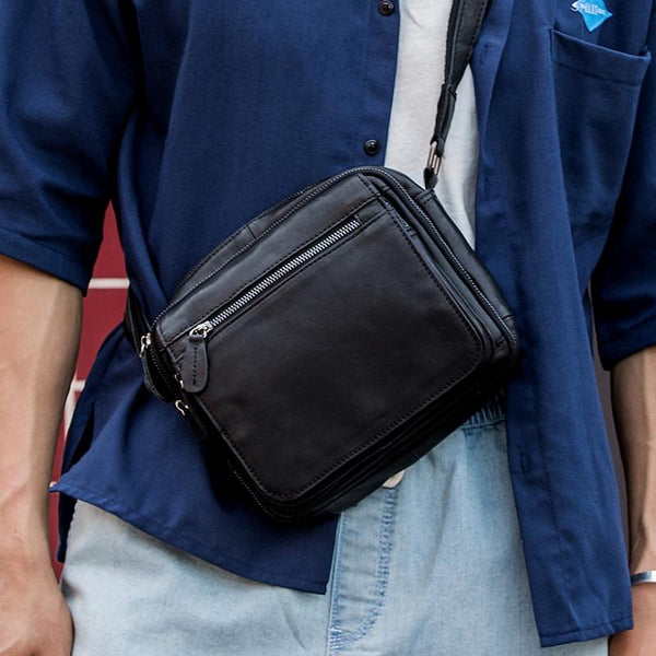 Black Cool Leather Mens Side Bag Postman Bag Small Black Messenger Bags Courier Bag for Men - imessengerbags