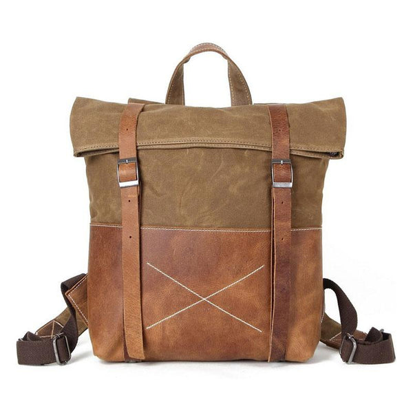 Khaki Cool Waxed Canvas Leather Backpack for Laptop