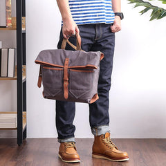 Canvas Leather Mens 13'' Khaki Side Bag Courier Bag Messenger Bag Black Shoulder Bag for Men - imessengerbags