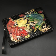 Black Handmade Tooled Leather Carp Toad Clutch Wallet Wristlet Bag Clutch Purse For Men - imessengerbags