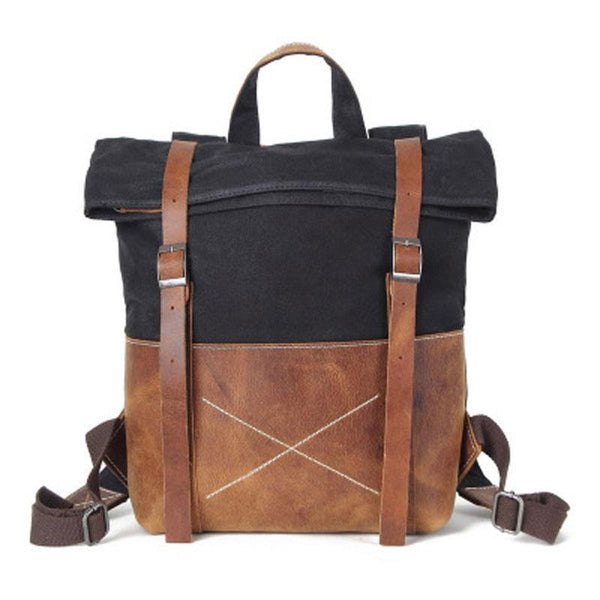 Black Waxed Canvas Leather Backpack  for Laptop