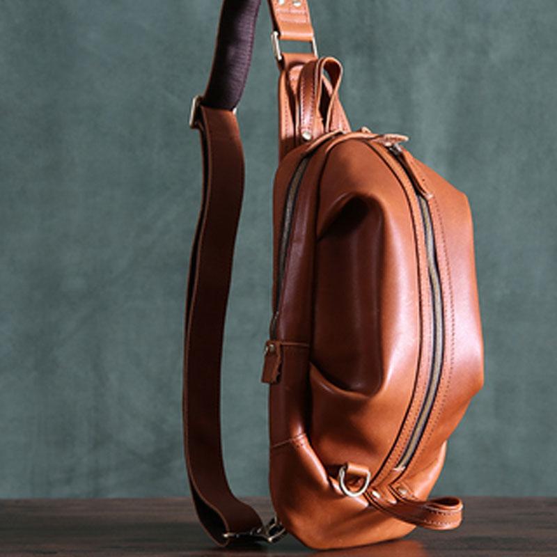 Genuine Leather Mens Cool Chest Bag Sling Bag Crossbody Bag Travel Bag Hiking Bag for men