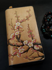 Brown Leather Women Cherry Blossom Tree Biker Wallet Handmade Tooled Zipper Long Wallets For Men