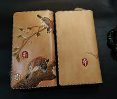 Brown Leather Women Cherry Blossom Tree Biker Wallet Handmade Tooled Zipper Long Wallets For Men