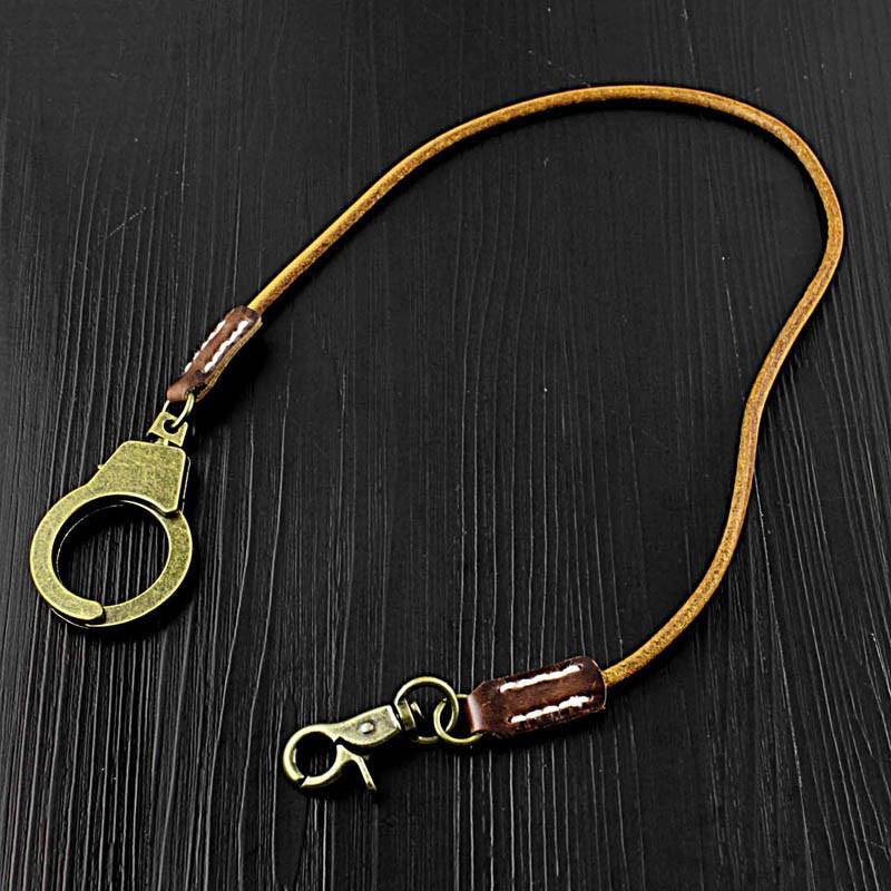 Badass Tan Leather Long Wallet Chain Cool Handcuff Punk Rock Biker Trucker Wallet Chain Trucker Wallet Key Chain for Men - imessengerbags