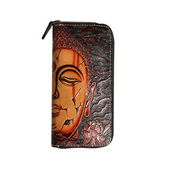 Black Tooled Buddha Leather Wallet Handmade Zipper Long Wallets For Men