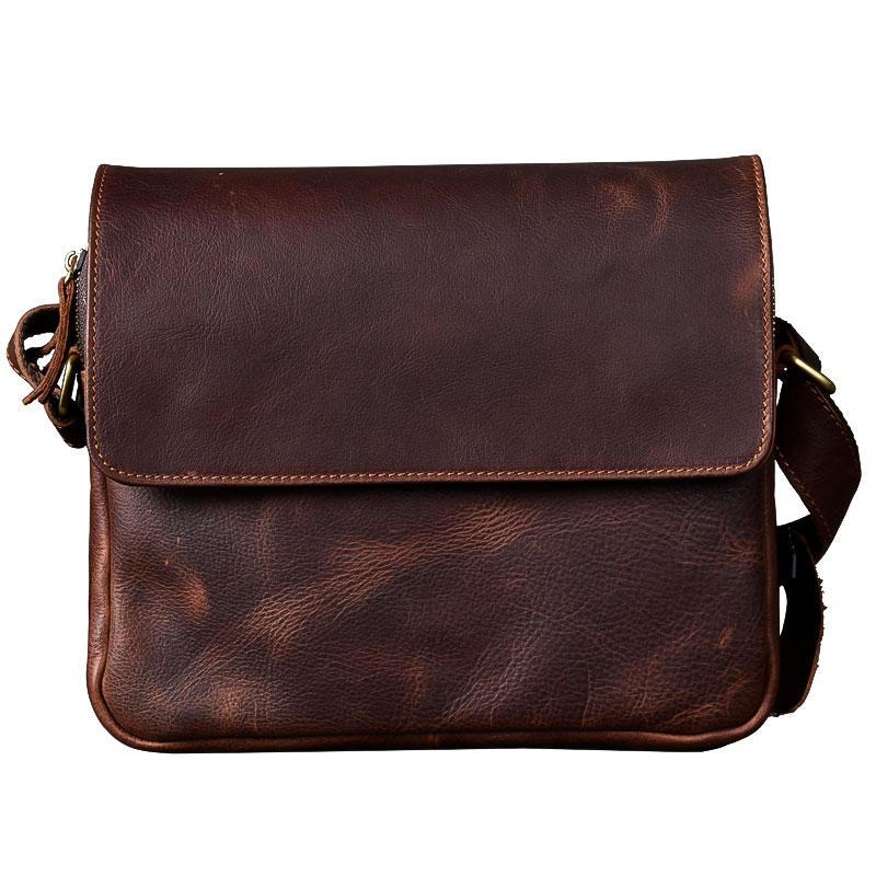 Cool Leather Mens 8‘’ Red Brown Small Side Bag Small Messenger Bag Sho ...