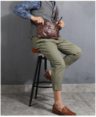 Casual Green Leather Mens Small Side Bag Messenger Bag Brown Post Bag Courier Bags for Men - imessengerbags