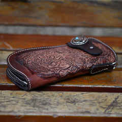 Cool Brown Leather Tooled Biker Wallet Handmade Dragon&Skull Biker Chain Wallet for Men