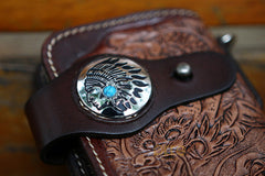 Cool Brown Leather Tooled Biker Wallet Handmade Dragon&Skull Biker Chain Wallet for Men