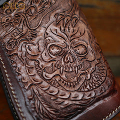 Cool Brown Leather Tooled Biker Wallet Handmade Dragon&Skull Biker Chain Wallet for Men