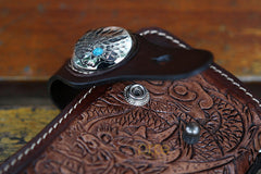 Cool Brown Leather Tooled Biker Wallet Handmade Dragon&Skull Biker Chain Wallet for Men