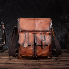 Cool Brown Leather Vertical Messenger Bag Men's Brown Side Bag Shoulder Bag Courier Bag For Men - imessengerbags