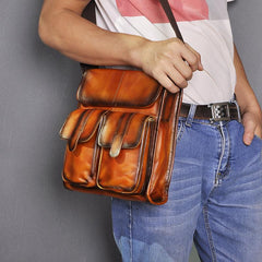 Cool Brown Leather Vertical Messenger Bag Men's Brown Side Bag Shoulder Bag Courier Bag For Men - imessengerbags