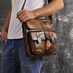 Cool Brown Leather Vertical Messenger Bag Men's Brown Side Bag Shoulder Bag Courier Bag For Men - imessengerbags