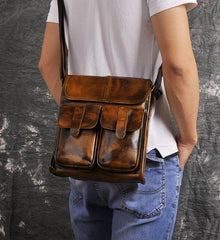 Cool Brown Leather Vertical Messenger Bag Men's Brown Side Bag Shoulder Bag Courier Bag For Men - imessengerbags