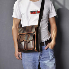 Cool Brown Leather Vertical Messenger Bag Men's Brown Side Bag Shoulder Bag Courier Bag For Men - imessengerbags