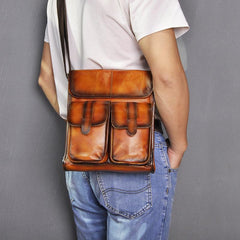 Cool Brown Leather Vertical Messenger Bag Men's Brown Side Bag Shoulder Bag Courier Bag For Men - imessengerbags