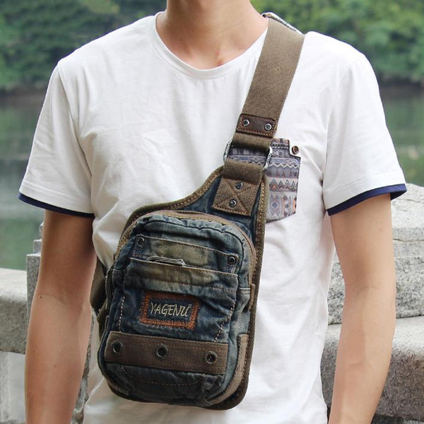 Fashion Denim Blue Mens Small Sling Bag Chest Bags Blue Fashion Denim One Shoulder Backpacks For Men - imessengerbags