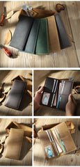 Handmade Black Leather Mens Bifold Long Wallet Personalized Black Checkbook Wallets for Men