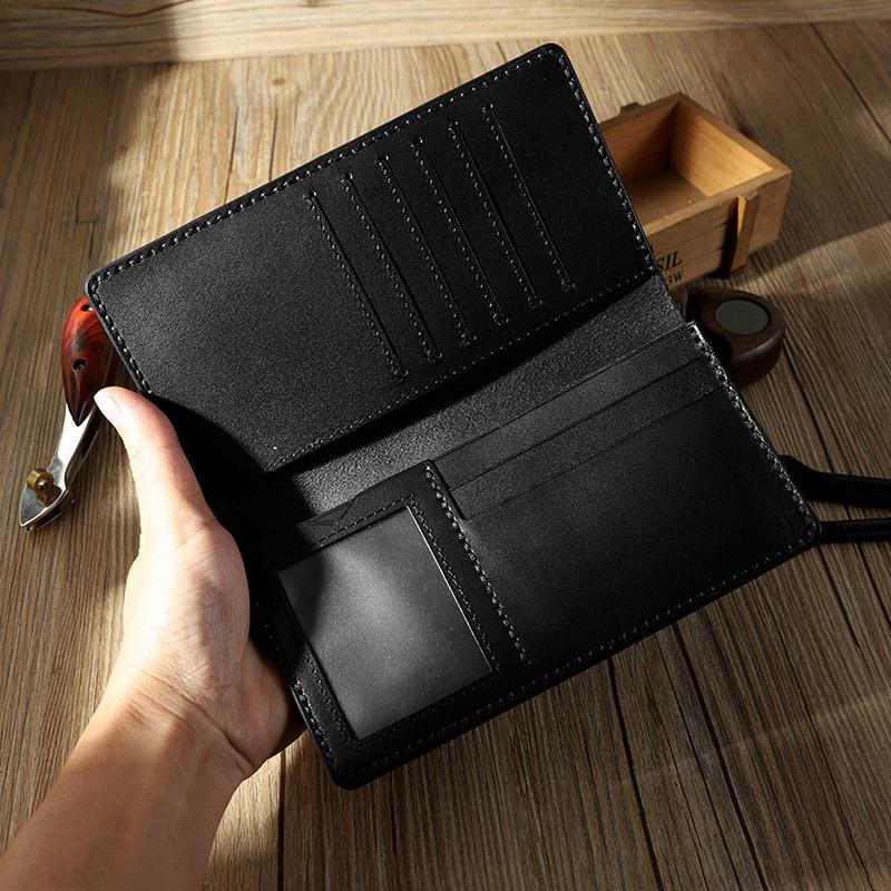 Handmade Black Leather Mens Bifold Long Wallets Personalized Black Checkbook Wallet for Men