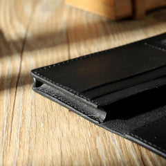 Handmade Black Leather Mens Bifold Long Wallets Personalized Black Checkbook Wallet for Men