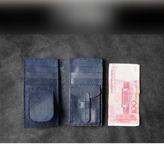 Handmade Leather Mens Bifold Long Wallets Blue Checkbook Wallet Lots Cards Long Wallet for Men