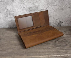 Handmade Brown Leather Mens Bifold Long Wallet Lots Cards Travel Long Wallet for Men