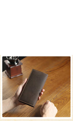 Handmade Coffee Leather Mens Bifold Long Wallets Personalized Black Checkbook Wallet for Men