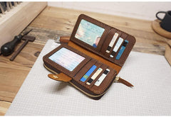 Handmade Leather Mens Bifold Long Wallet Clutch Checkbook Wallet Lots Cards Long Wallet for Men