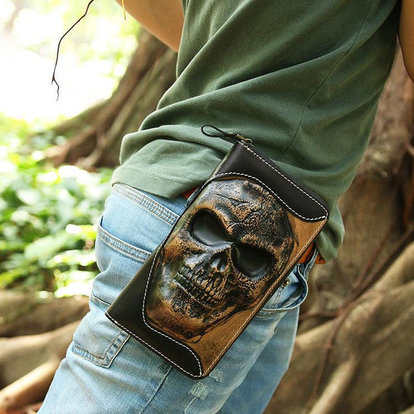 wallet skull Handmade Leather Tooled Wallet Long Skull Wallet Cool Skull Zipper Clutch Wallet for Men