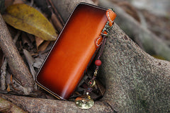 Handmade Leather Tooled Tibetan Totem Long Wallet Cool Zipper Clutch Wristlet Wallet for Men