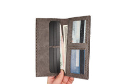 Handmade Slim Checkbook Wallet Khaki Leather Mens Bifold Long Wallet Lots Cards Long Wallet for Men