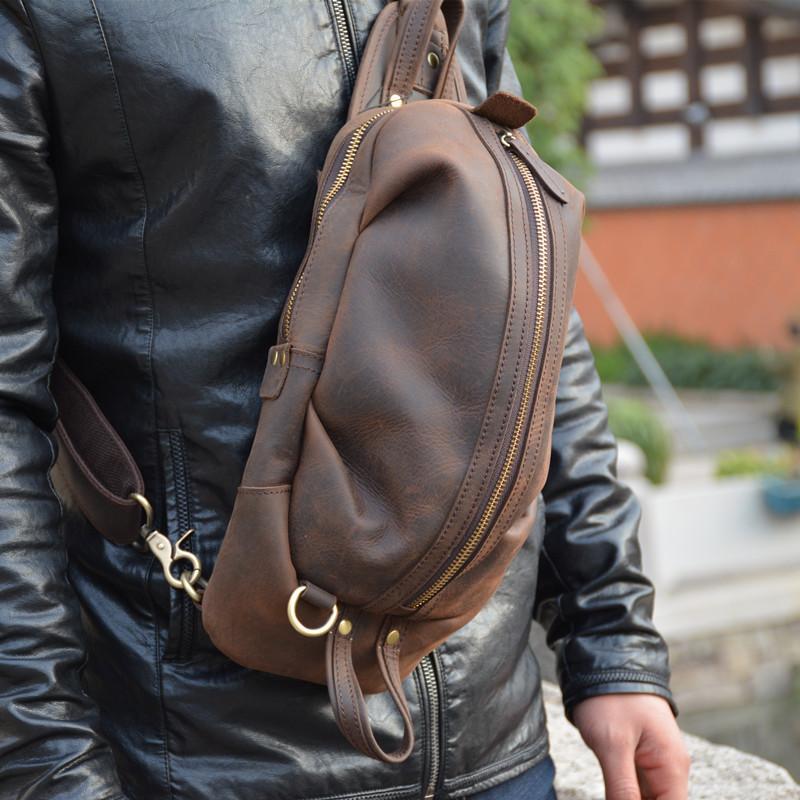Handmade Leather Braided Mens Cool Chest Bag Sling Bag Crossbody
