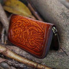 Leather Skull Tooled Mens Handmade Long Wallet Cool Death Zip Leather Wallet Clutch Wallet for Men