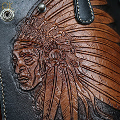 Brown Leather Tooled Indian Chief Mens Biker Chain Wallet Handmade Leather Biker Wallet for Men