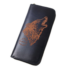 Around Zip Black Leather Long Wallet Mens Wolf Zipper Clutch Wallet for Men