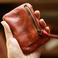 Vintage Slim Brown Leather Mens Coin Wallet Zipper Coin Holder Brown Change Pouch For Men - imessengerbags