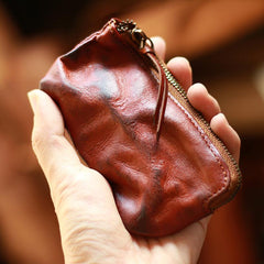 Vintage Slim Brown Leather Mens Coin Wallet Zipper Coin Holder Brown Change Pouch For Men - imessengerbags