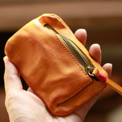 Vintage Slim Brown Leather Mens Coin Wallet Zipper Coin Holder Brown Change Pouch For Men - imessengerbags