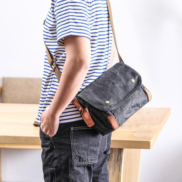 Wax Canvas Leather Mens Dark Gray Small Side Bag Courier Bag Khaki Messenger Bag for Men - imessengerbags