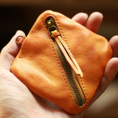 Vintage Slim Brown Leather Mens Coin Wallet Zipper Coin Holder Brown Change Pouch For Men - imessengerbags